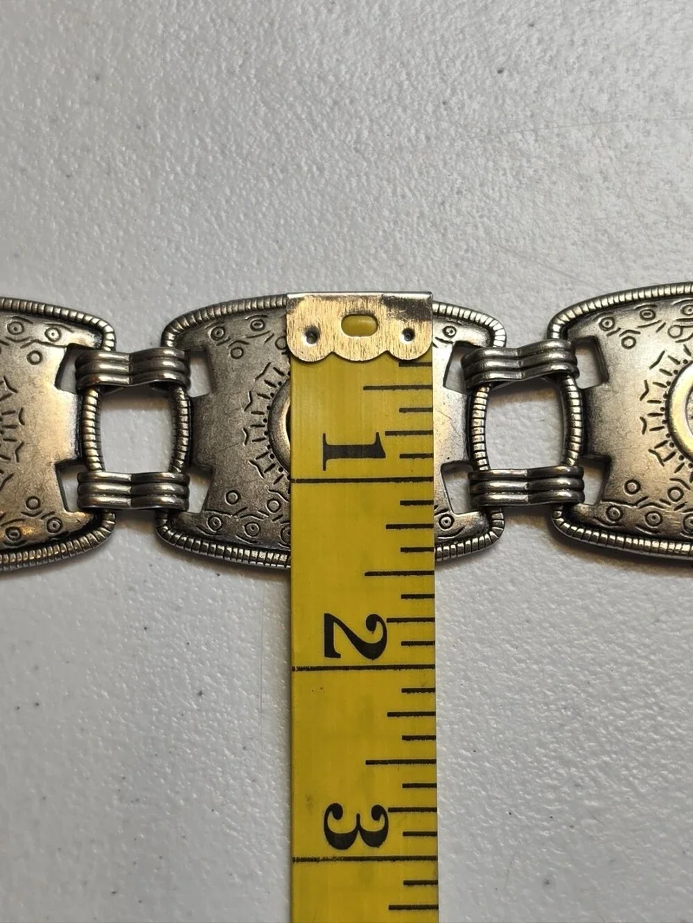 Vintage Rectangle Aztec Pattern Concho Chain Link Western Belt Silver Toned